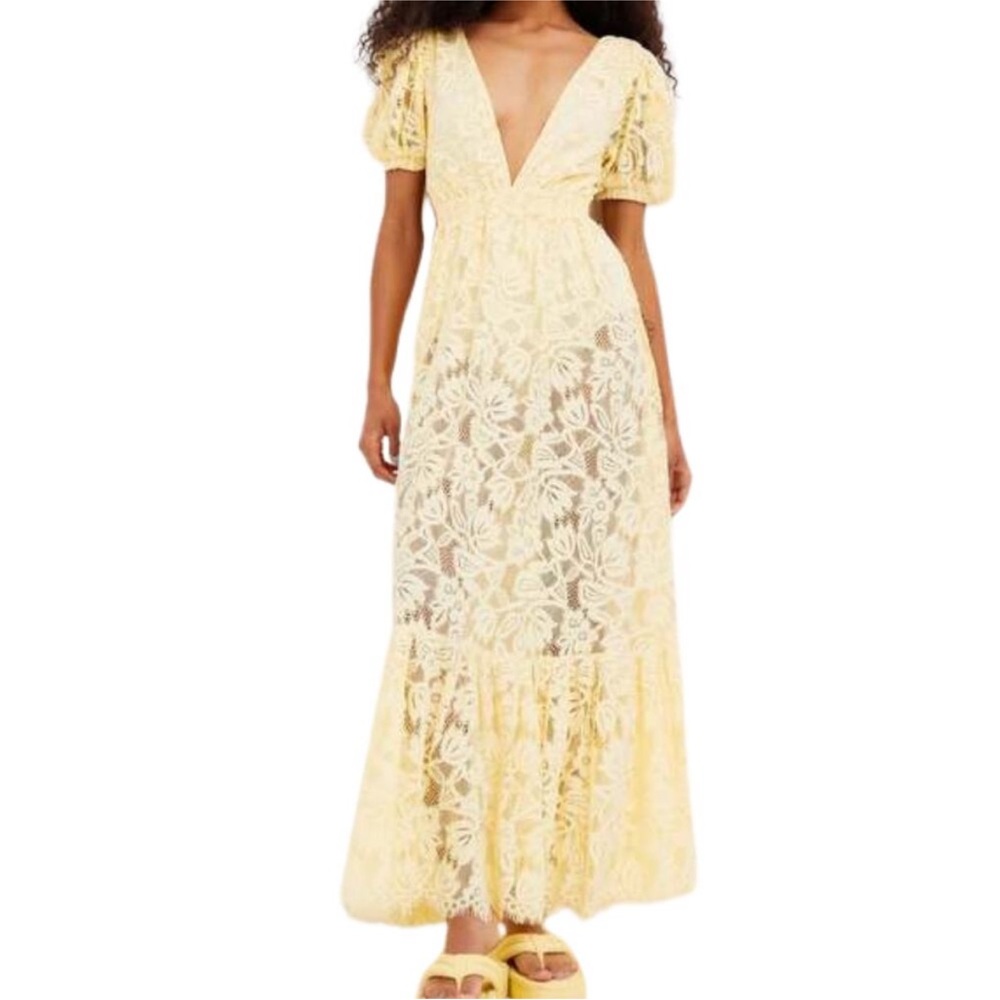 For Love & Lemons Yellow Lace Maxi Dress with Deep V-Neck